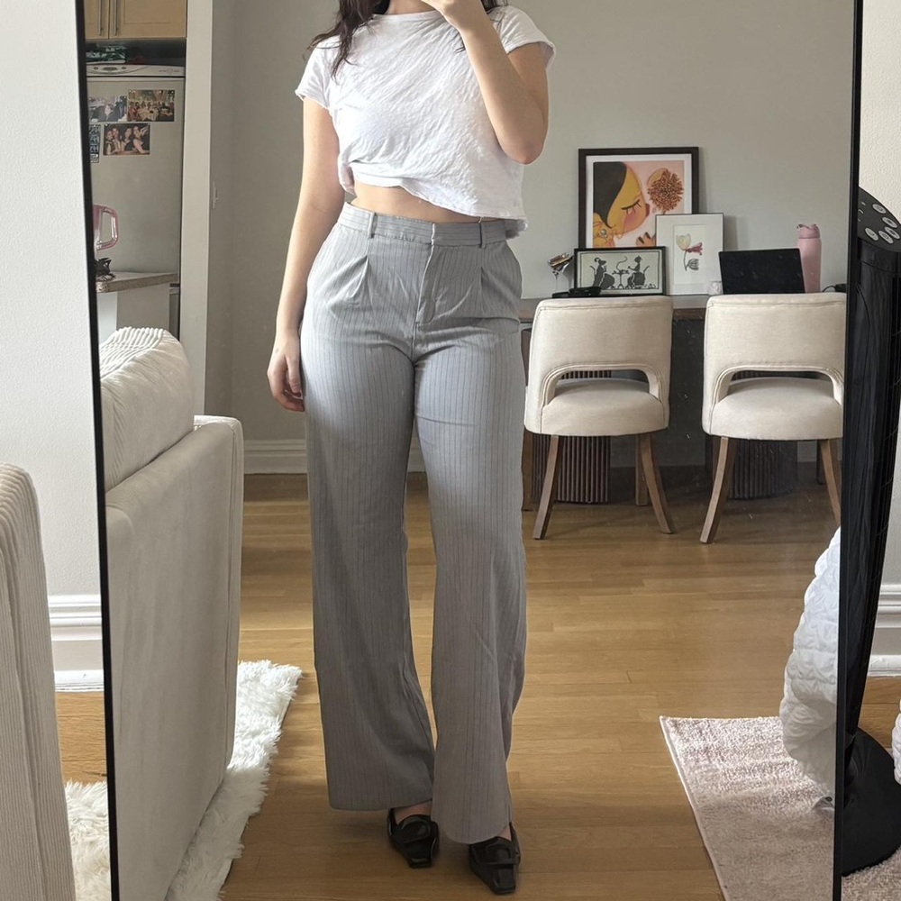 Mango Light Gray Pinstripe Wide-Leg Trousers